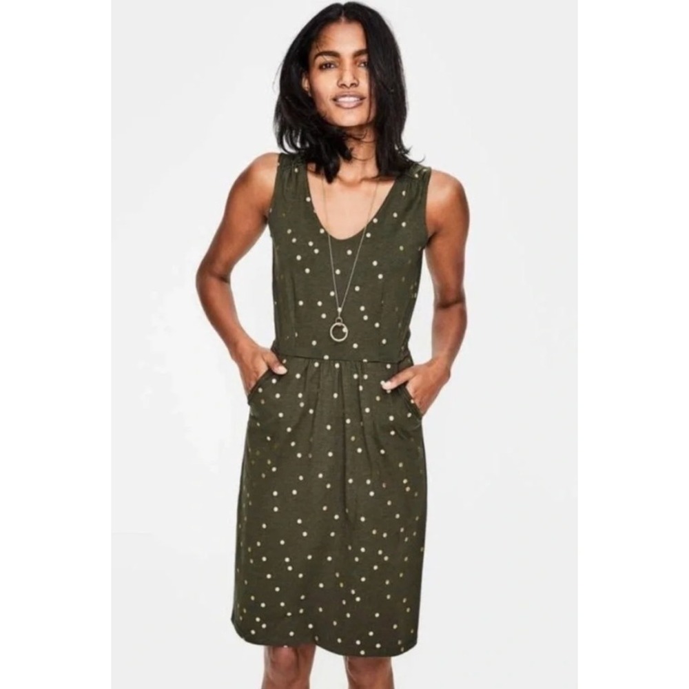 Boden‎ Melinda Olive Green Gold Polka Dot V-Neck Sleeveless Pocket Dress 10R